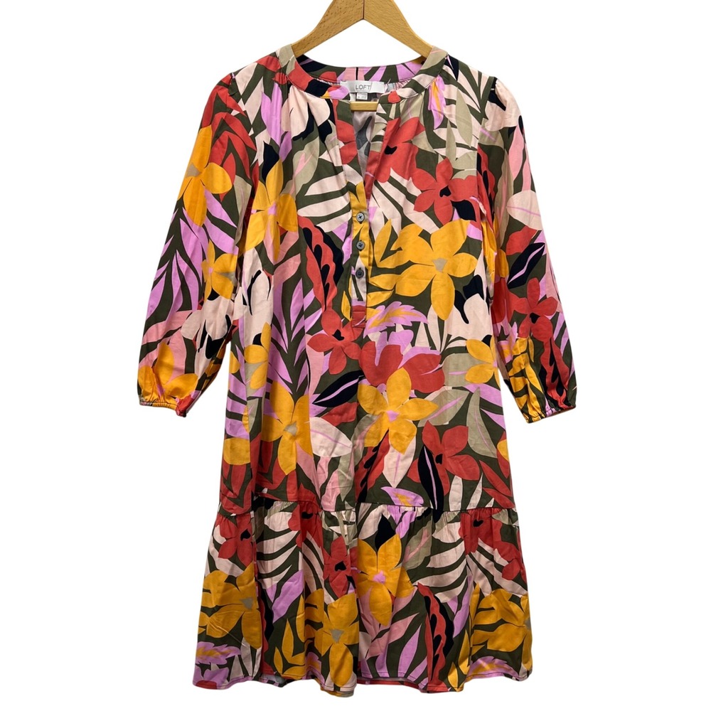 LOFT Palm Henley Flounce Shirt Mini Dress Floral Tiered Shift Popover Women's XS